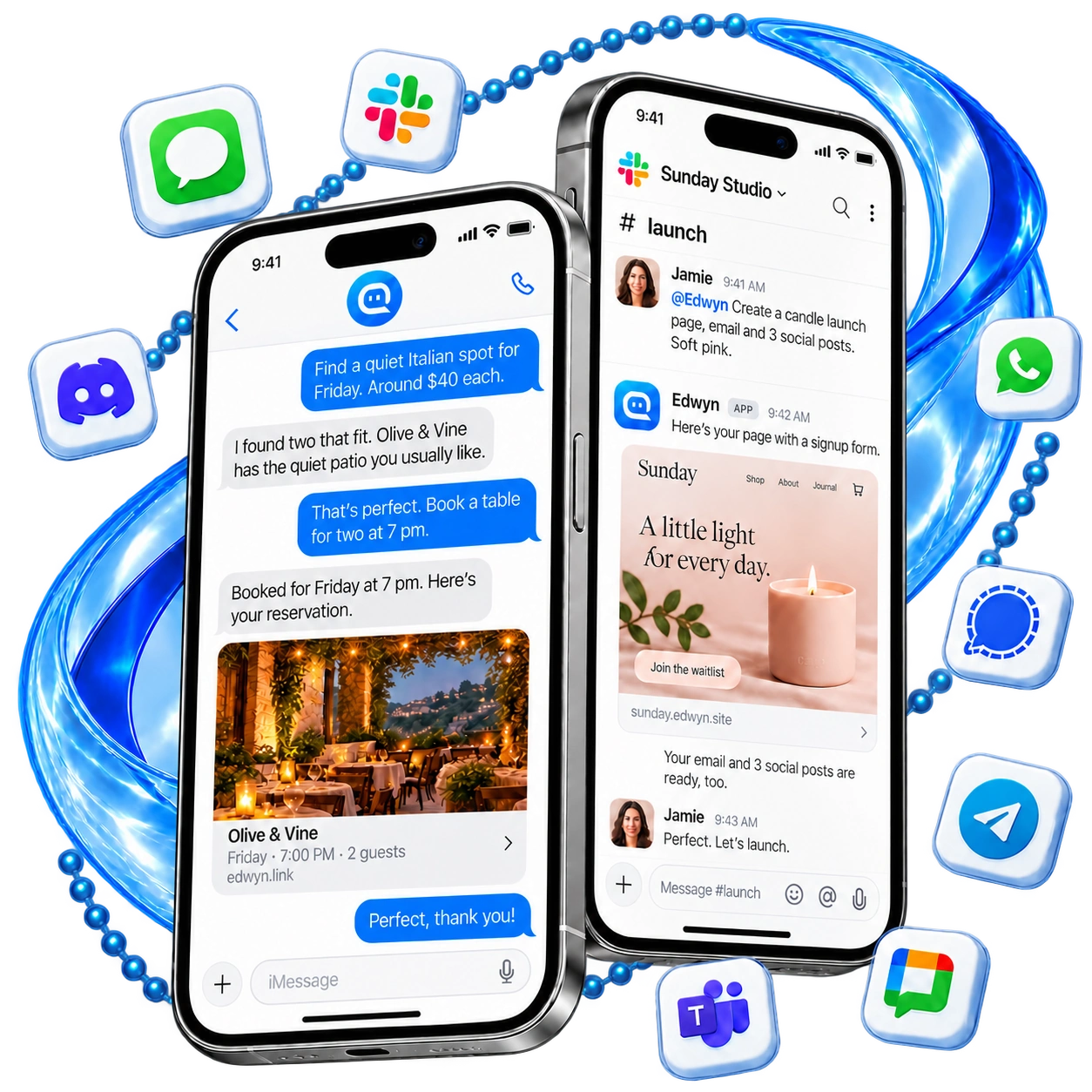 Illustrative Edwyn conversations in Messages and Slack: recommending a restaurant based on past preferences, showing a reservation confirmation for two at 7 pm, and creating a candle launch page, email and social posts.